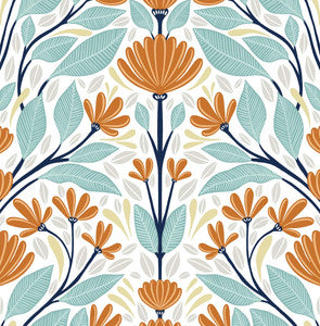 Folk Floral Verdigris & Orange by Seabrook Wallpaper