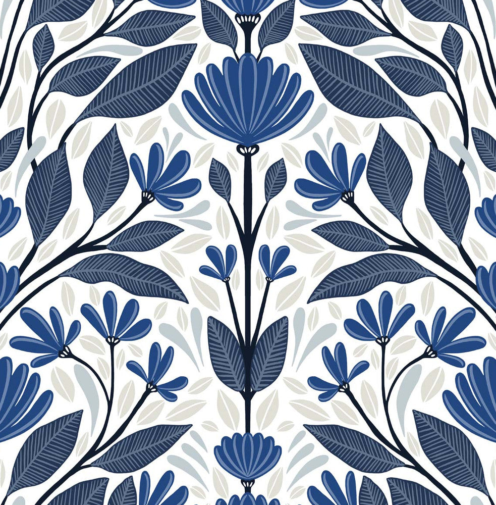 Folk Floral Blue Sapphire & Pavestone by Seabrook Wallpaper NextWall Peel & Stick United States 30.75 20.87" 20.5" - Fabric Carolina -
