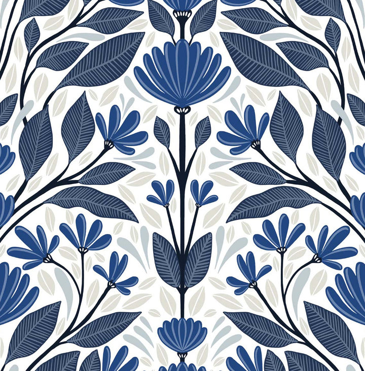 Folk Floral Blue Sapphire & Pavestone by Seabrook Wallpaper NextWall Peel & Stick United States 30.75 20.87" 20.5" - Fabric Carolina -