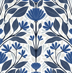 Folk Floral Blue Sapphire & Pavestone by Seabrook Wallpaper