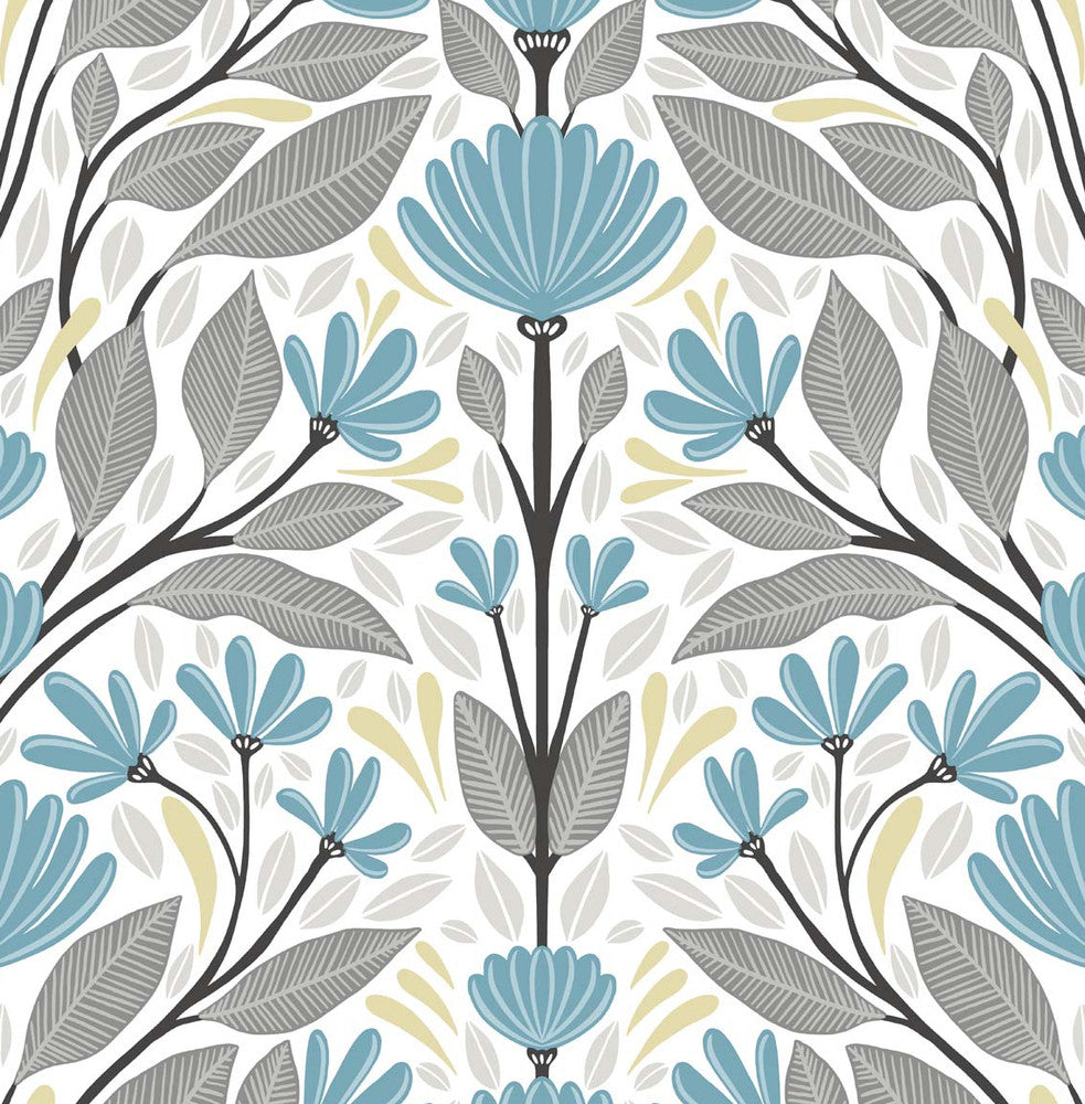 Folk Floral Blue Patina & Wheat by Seabrook Wallpaper NextWall Peel & Stick United States 30.75 20.87" 20.5" - Fabric Carolina -