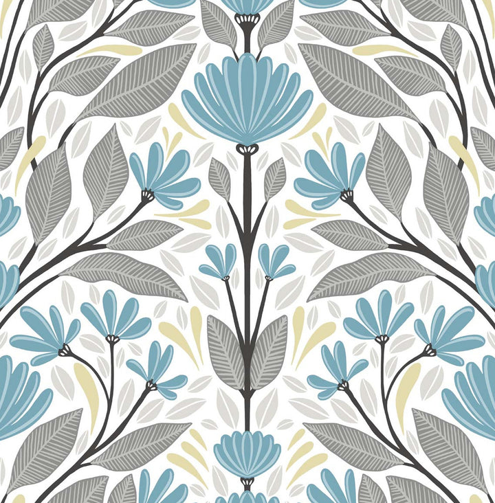 Folk Floral Blue Patina & Wheat by Seabrook Wallpaper NextWall Peel & Stick United States 30.75 20.87" 20.5" - Fabric Carolina -