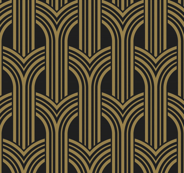 Deco Geometric Arches Ebony & Metallic Gold by Seabrook Wallpaper NextWall Peel & Stick United States 40.5 12.6" 27" - Fabric Carolina -