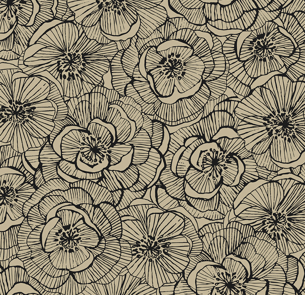 Ellie Graphic Floral Gold Shimmer & Ebony by Seabrook Wallpaper NextWall Peel & Stick United States 40.5 25.2" 27" - Fabric Carolina -