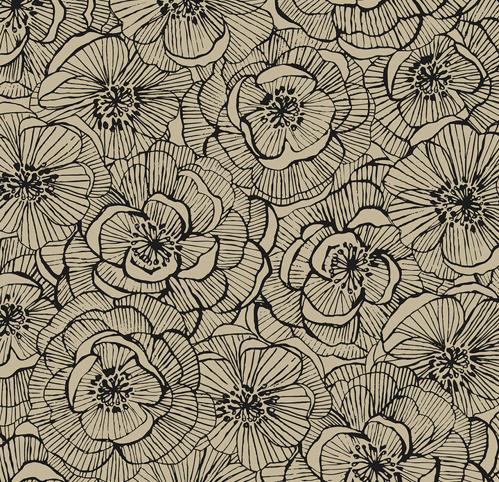 Ellie Graphic Floral Gold Shimmer & Ebony by Seabrook Wallpaper NextWall Peel & Stick United States 40.5 25.2" 27" - Fabric Carolina -