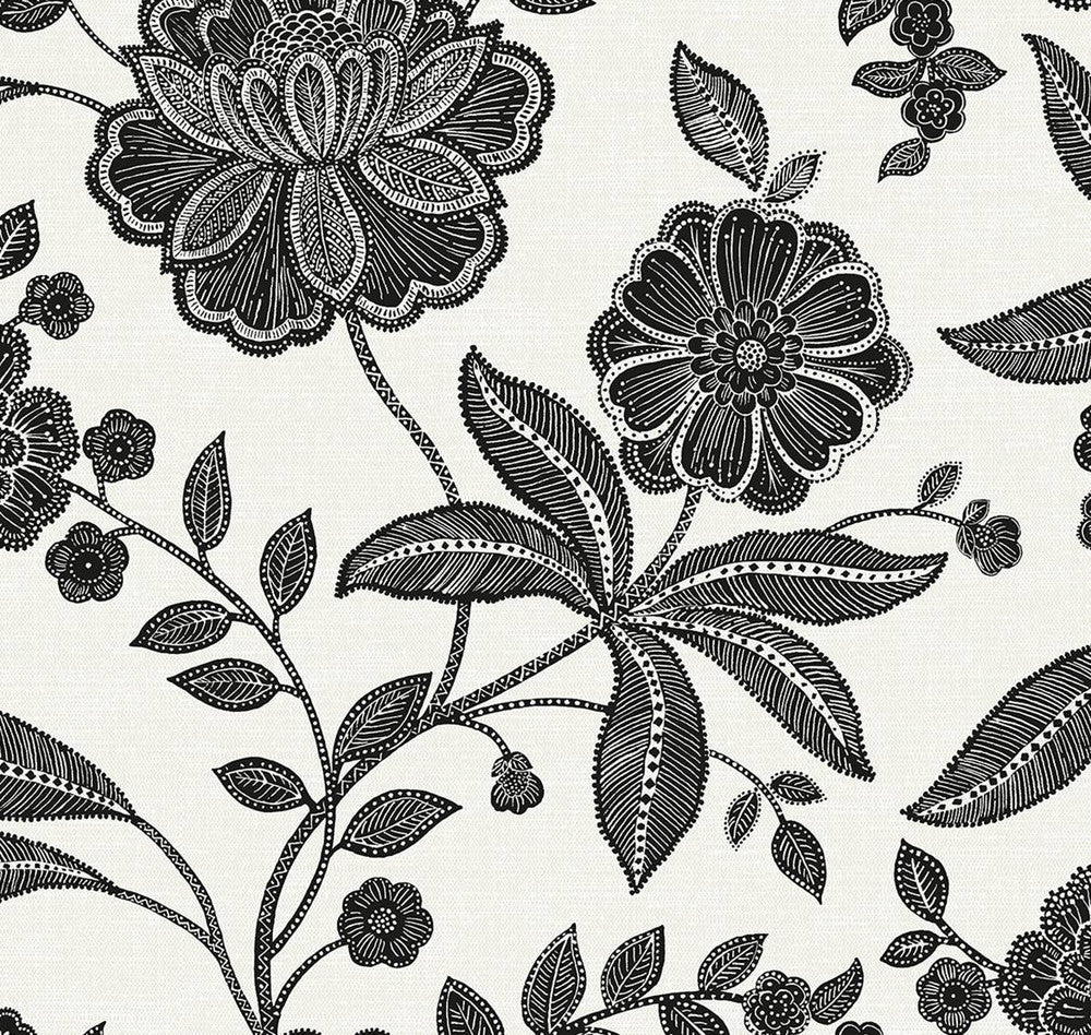 Julian Jacobean Floral Ebony & Ivory by Seabrook Wallpaper NextWall Peel & Stick United States 40.5 25.2" 27" - Fabric Carolina -