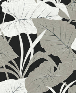 Elephant Leaves Ebony & Metallic Silver by Seabrook Wallpaper