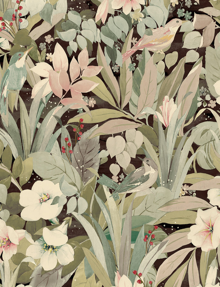 Blossoming Birds Sage & Ash Brown by Seabrook Wallpaper NextWall Peel & Stick United States 30.75 27.3" 20.5" - Fabric Carolina -