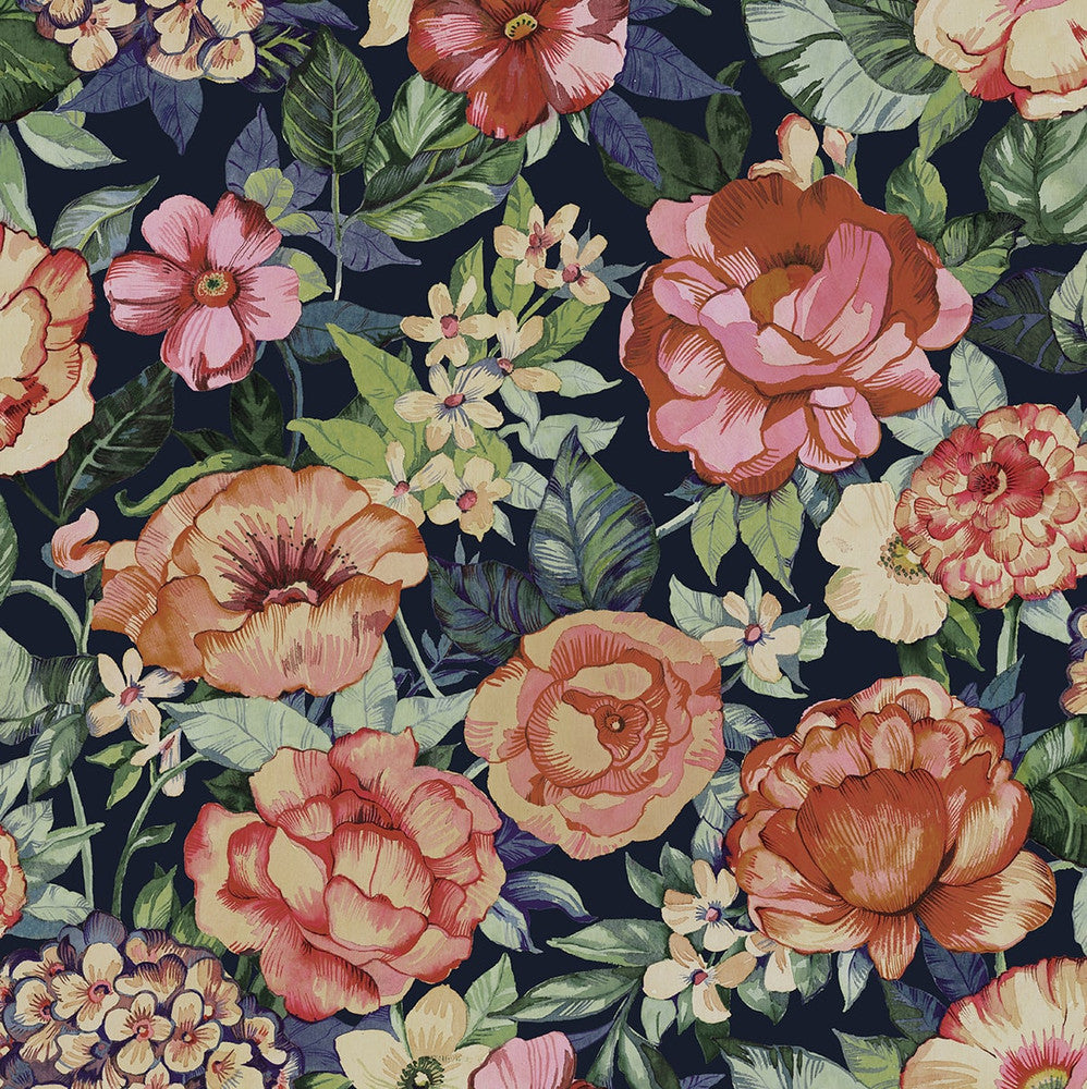Watercolor Floral Garden Coral Rose & Dark Blue by Seabrook Wallpaper NextWall Peel & Stick United States 30.75 20.87" 20.5" - Fabric Carolina -