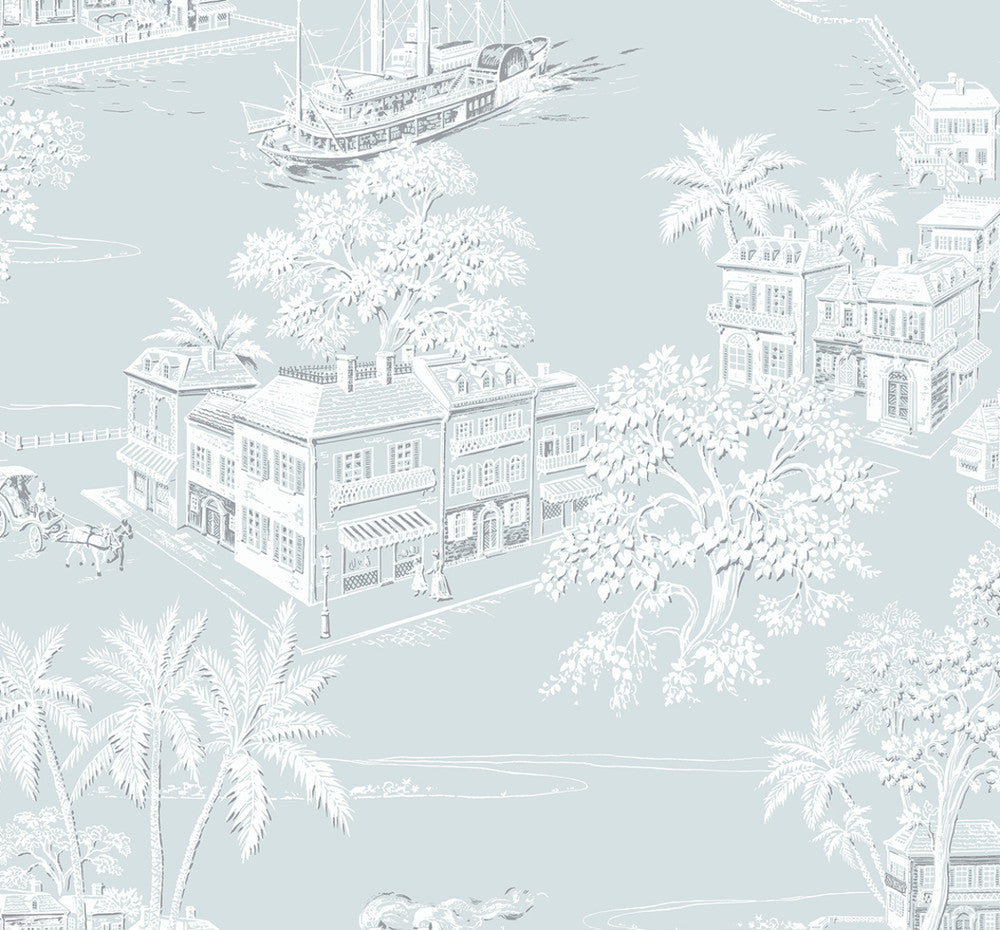 Coastline Toile Blue Mist by Seabrook Wallpaper NextWall Peel & Stick United States 40.5 25.2" 27" - Fabric Carolina -