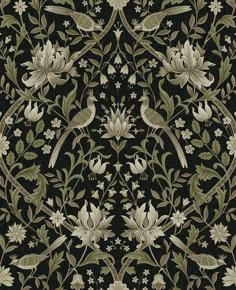 Vintage Bird Ogee Ebony & Rosemary by Seabrook Wallpaper NextWall Peel & Stick United States 15.38 25.2" 20.5" - Fabric Carolina -