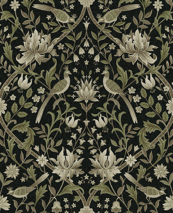 Vintage Bird Ogee Ebony & Rosemary by Seabrook Wallpaper NextWall Peel & Stick United States 15.38 25.2" 20.5" - Fabric Carolina -