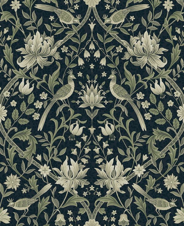 Vintage Bird Ogee Blue & Sage by Seabrook Wallpaper NextWall Peel & Stick United States 15.38 25.2" 20.5" - Fabric Carolina -