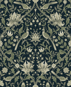 Vintage Bird Ogee Blue & Sage by Seabrook Wallpaper