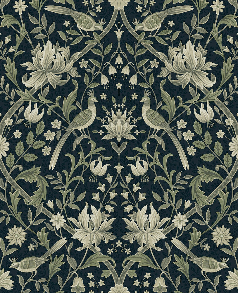 Vintage Bird Ogee Blue & Sage by Seabrook Wallpaper NextWall Peel & Stick United States 30.75 25.2" 20.5" - Fabric Carolina -