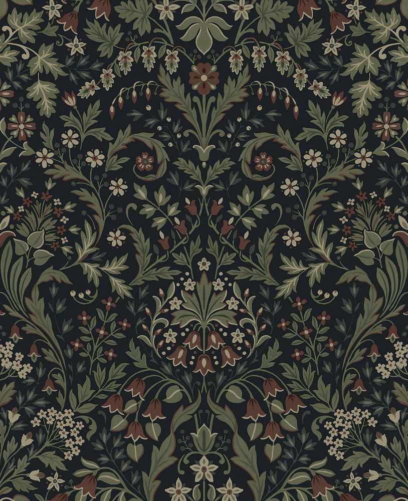 Filigree Floral Midnight Blue & Sage by Seabrook Wallpaper NextWall Peel & Stick United States 15.38 25.2" 20.5" - Fabric Carolina -