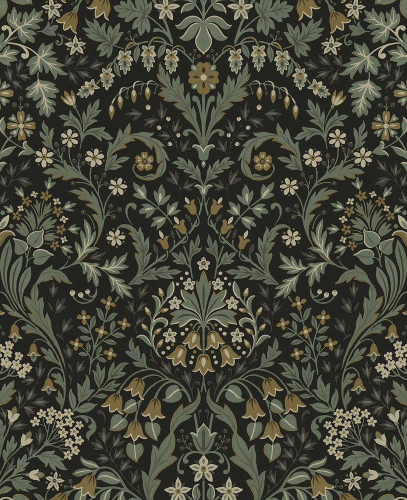 Filigree Floral Ebony & Sage by Seabrook Wallpaper NextWall Peel & Stick United States 30.75 25.2" 20.5" - Fabric Carolina -