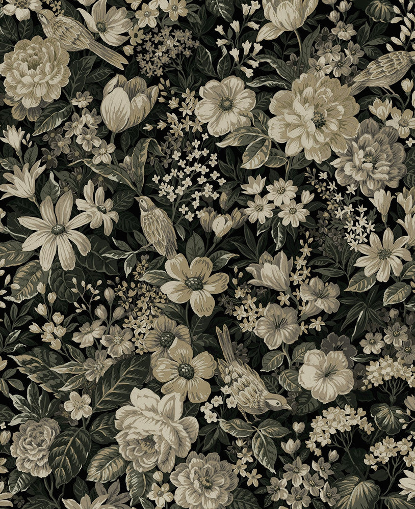 Vintage Bird Garden Ebony & Pale Fern by Seabrook Wallpaper NextWall Peel & Stick United States 30.75 25.2" 20.5" - Fabric Carolina -