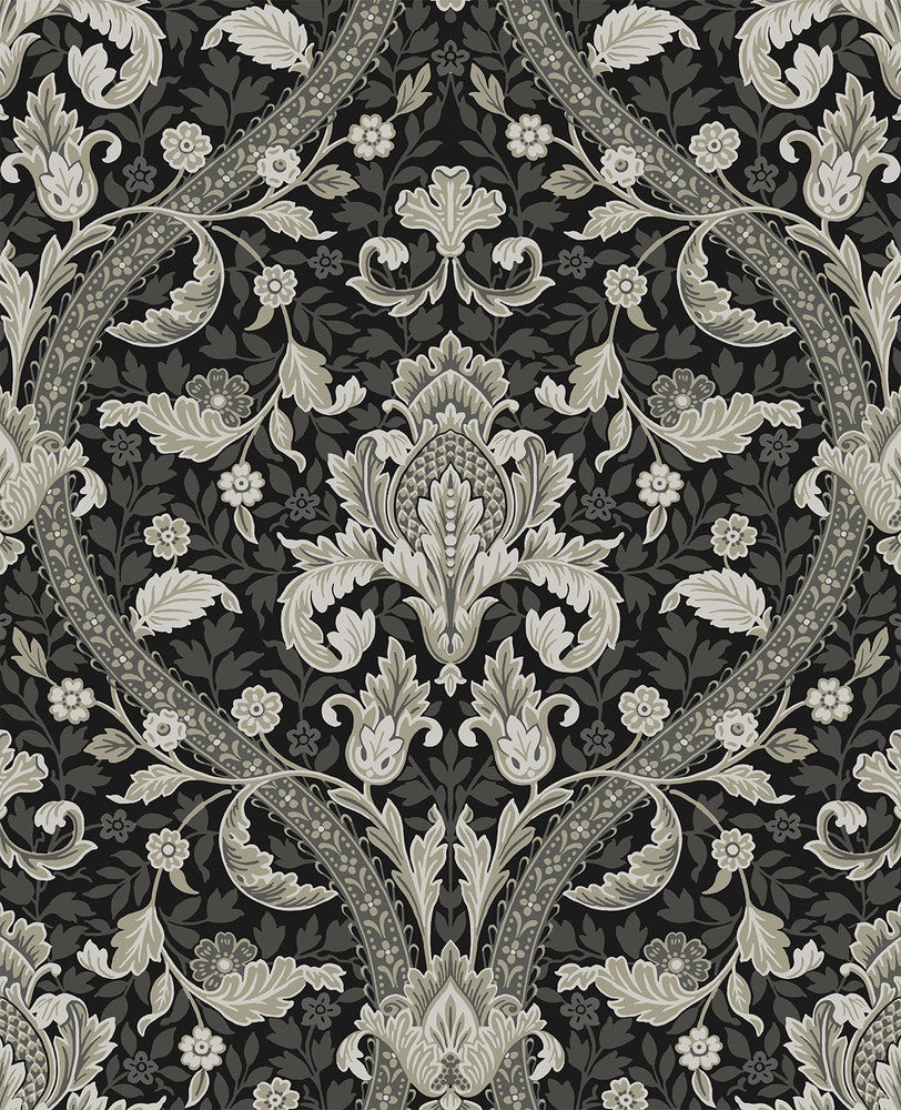 Acanthus Ogee Ebony & Cliffside by Seabrook Wallpaper NextWall Peel & Stick Netherlands 31.35 25.2" 20.9" - Fabric Carolina -