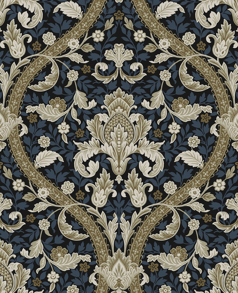 Acanthus Ogee Blue & Natural by Seabrook Wallpaper NextWall Peel & Stick Netherlands 31.35 25.2" 20.9" - Fabric Carolina -