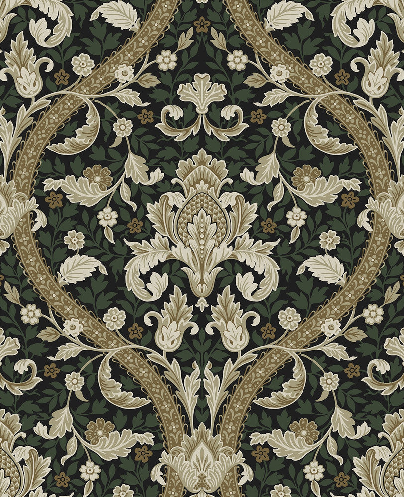 Acanthus Ogee Ebony & Green by Seabrook Wallpaper NextWall Peel & Stick Netherlands 31.35 25.2" 20.9" - Fabric Carolina -
