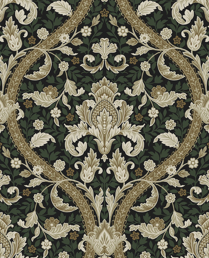 Acanthus Ogee Ebony & Green by Seabrook Wallpaper NextWall Peel & Stick Netherlands 31.35 25.2" 20.9" - Fabric Carolina -