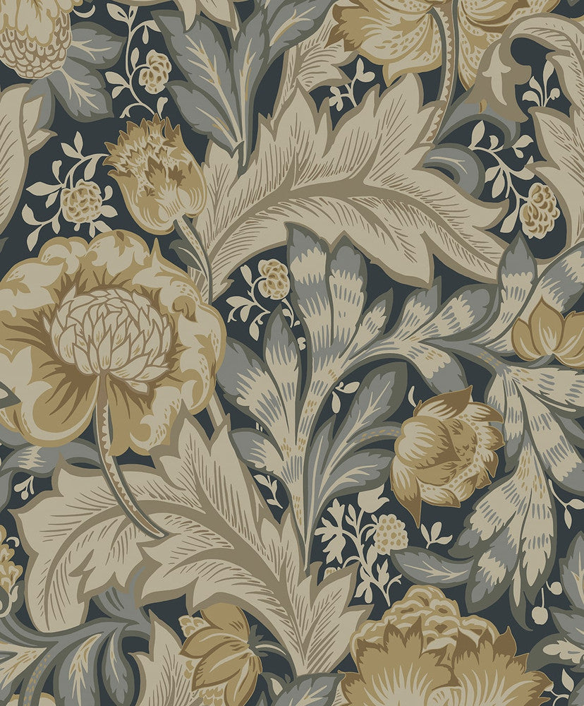 Acanthus Garden Floral Midnight Blue & Neutral by Seabrook Wallpaper NextWall Peel & Stick Netherlands 31.35 25.2" 20.9" - Fabric Carolina -