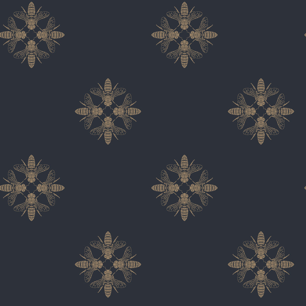 Honey Bee Gold & Navy Wallpaper by Inspired by Color Blues II Covers about 56.4 square feet 20.5-in by 33-ft long roll Prepasted 10.25 - Fabric Carolina -