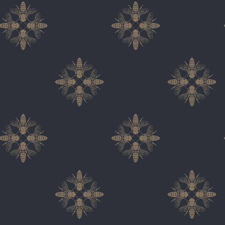 Honey Bee Gold & Navy Wallpaper by Inspired by Color Blues II Covers about 56.4 square feet 20.5-in by 33-ft long roll Prepasted 10.25 - Fabric Carolina -