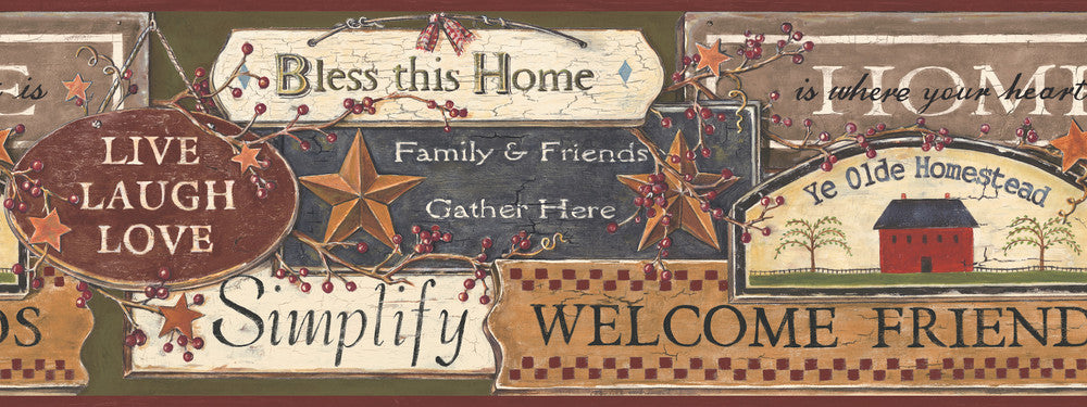 Country Sign Green & Burgundy Border by York Wallcoverings Border Portfolio II Covers about 11.3 square feet 9-in by 15-ft long roll Prepasted 24 - Fabric Carolina -