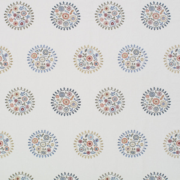 Jessie Embroidery/Blue/Multi 9956-001 by Grey Watkins Fabric STOCKED AT SCALAMANDRE WAREHOUSE 50% LINEN|40% COTTON|10% RAYON INDIA LIGHT DUTY Horizontal: 25" and Vertical: 26" 52" - Fabric Carolina -
