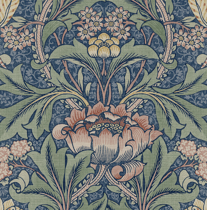 Acanthus Floral Prepasted Denim Blue & Salmon by Seabrook Wallpaper Prepasted Online United States 56.05 20.87" 20.5" - Fabric Carolina -