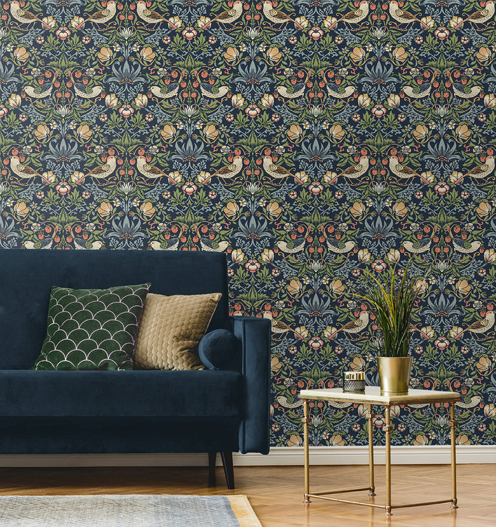 Fragaria Garden Prepasted Midnight Blue PR10102 by Seabrook Designs Designer Wallpaper