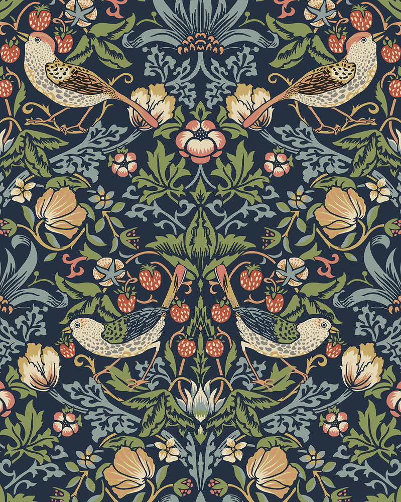 Fragaria Garden Prepasted Midnight Blue by Seabrook Wallpaper Prepasted Online United States 56.05 25.2" 20.5" - Fabric Carolina -