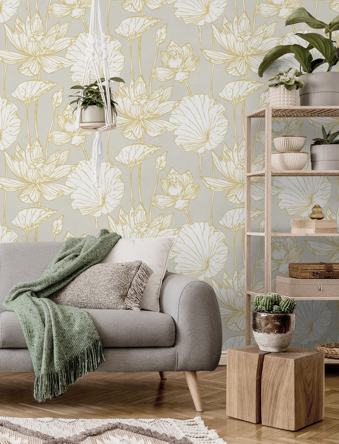 Lotus Floral Prepasted Grey & Gold PR11308 by Seabrook Designs Designer Wallpaper