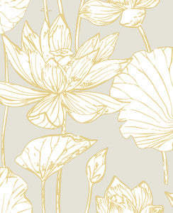 Lotus Floral Prepasted Grey & Gold by Seabrook Wallpaper