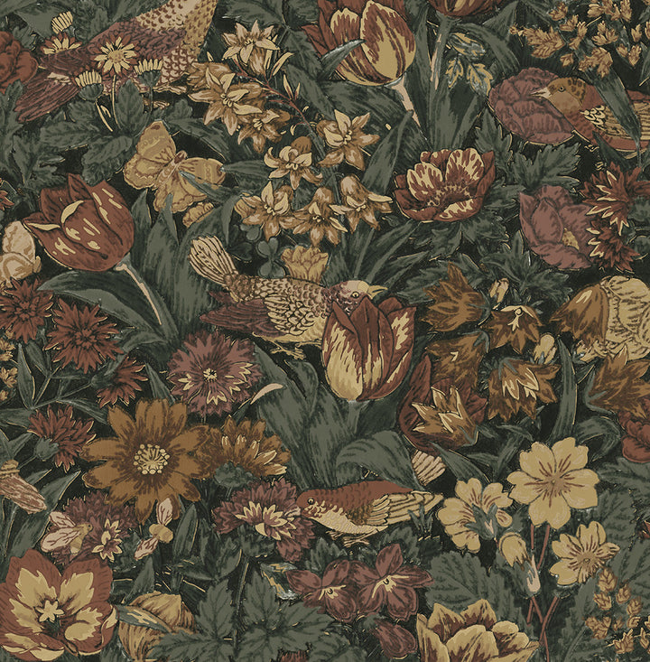 Bird Floral Prepasted Mahogany & Graphite by Seabrook Wallpaper Prepasted Online United States 56.05 20.87" 20.5" - Fabric Carolina -