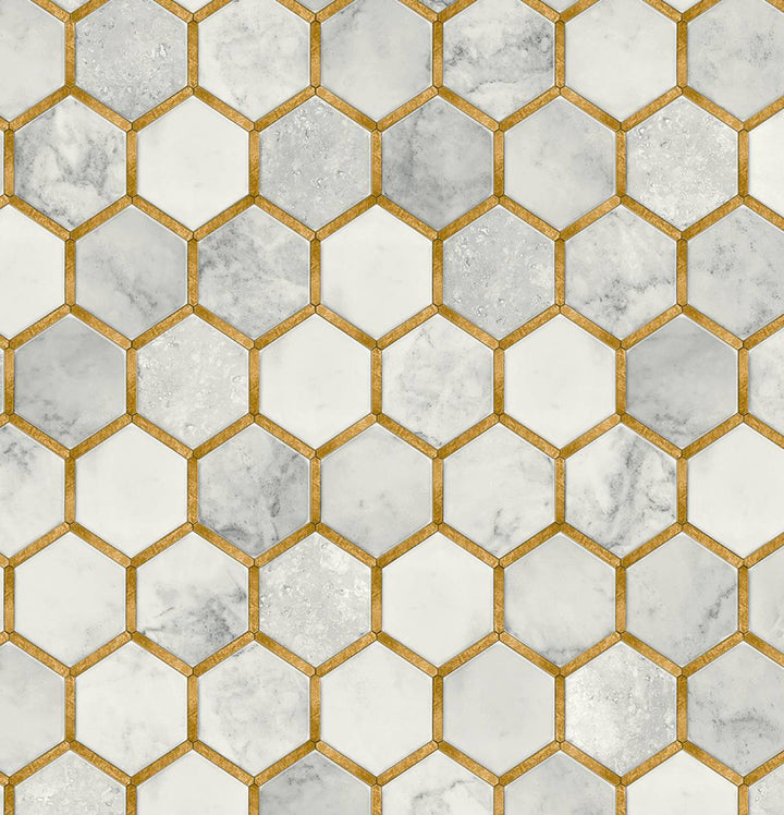 Faux Hex Tile Alaska Grey & Metallic Gold by Seabrook Wallpaper Prepasted Online United States 56.05 20.87" 20.5" - Fabric Carolina -