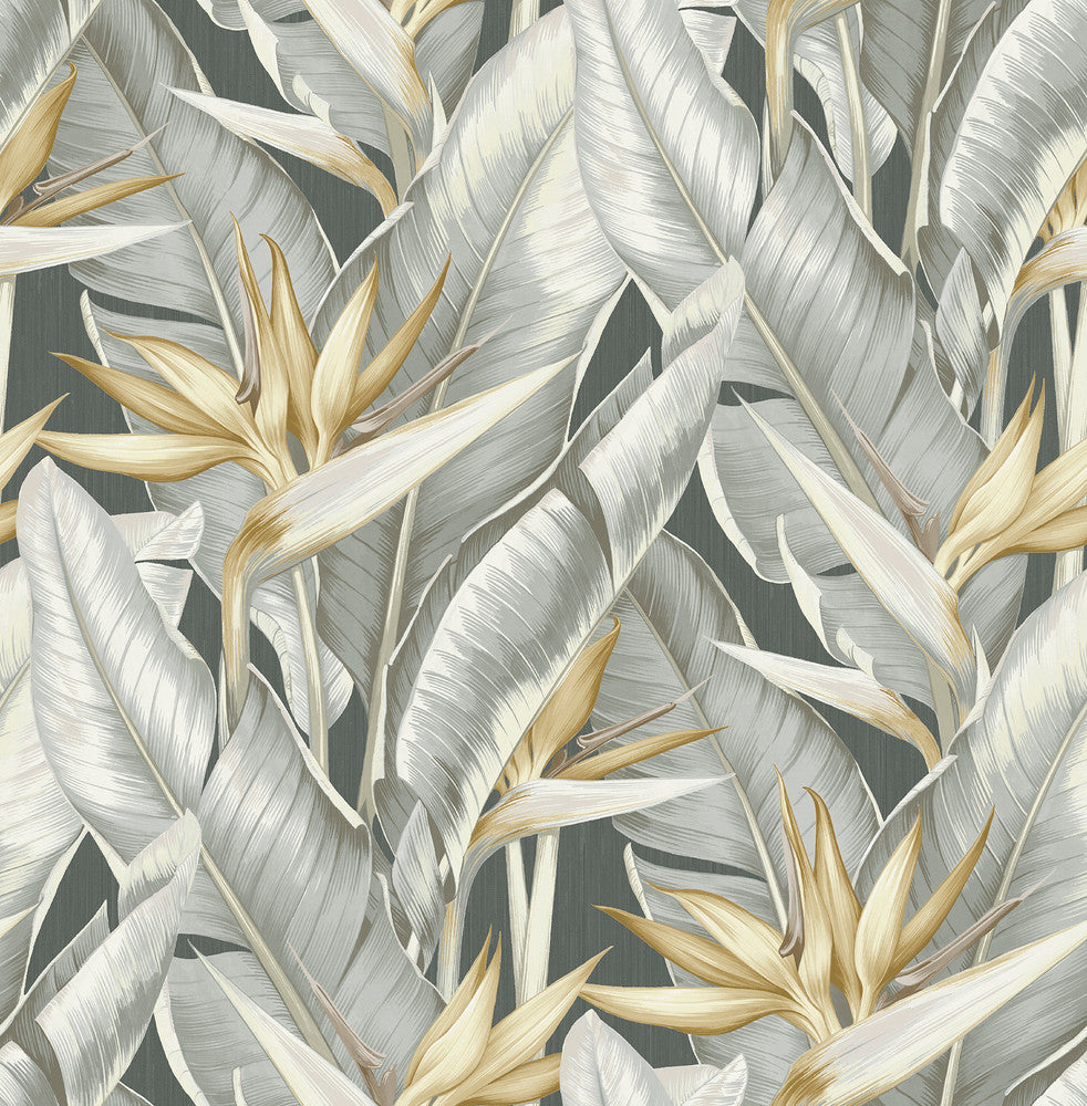 Arcadia Grey Leaf Wallpaper by Kenneth James Palm Springs Covers about 56.4 square feet 20.5-in by 33-ft long roll Unpasted 21 - Fabric Carolina -