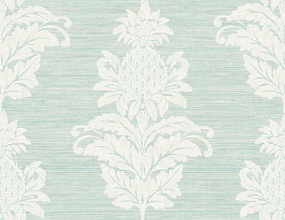 Pineapple Grove Turquoise Damask Wallpaper by Kenneth James Palm Springs Covers about 60.8 square feet 27-in by 27-ft long roll Unpasted 21 - Fabric Carolina -