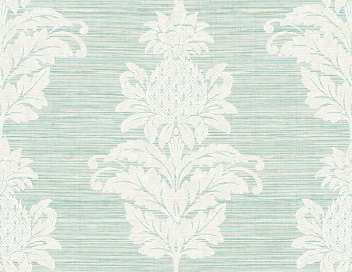 Pineapple Grove Turquoise Damask Wallpaper by Kenneth James Palm Springs Covers about 60.8 square feet 27-in by 27-ft long roll Unpasted 21 - Fabric Carolina -
