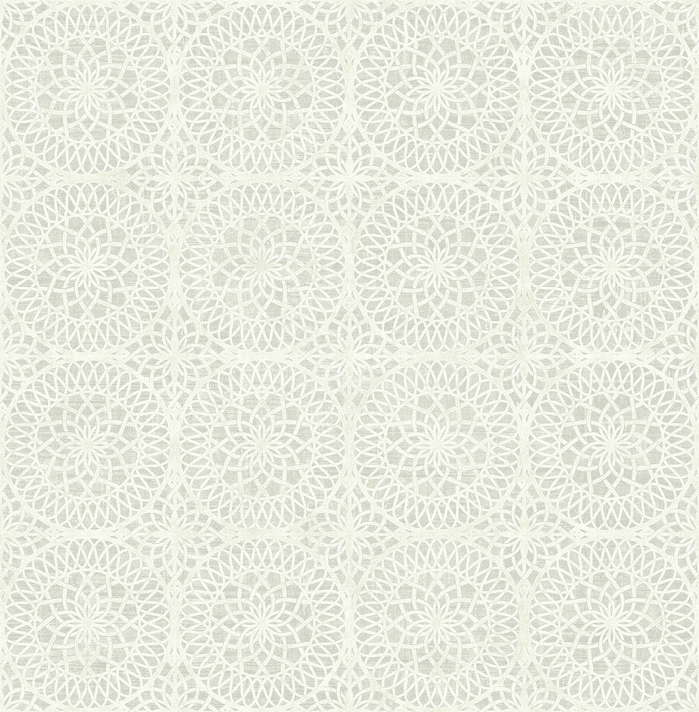 Twist Pewter Pewter Medallion Wallpaper by Kenneth James Palm Springs Covers about 56.4 square feet 20.5-in by 33-ft long roll Unpasted 5.21 - Fabric Carolina -