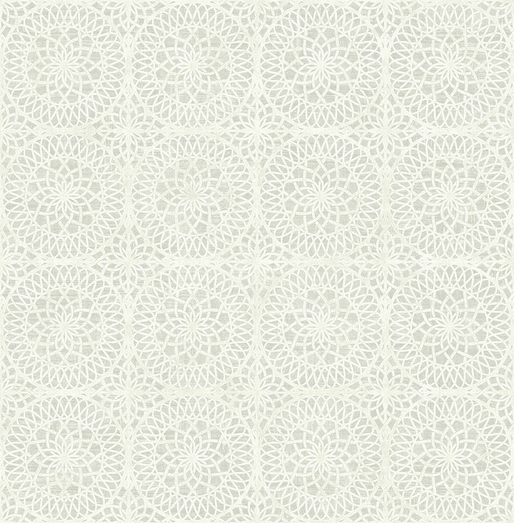 Twist Pewter Pewter Medallion Wallpaper by Kenneth James Palm Springs Covers about 56.4 square feet 20.5-in by 33-ft long roll Unpasted 5.21 - Fabric Carolina -