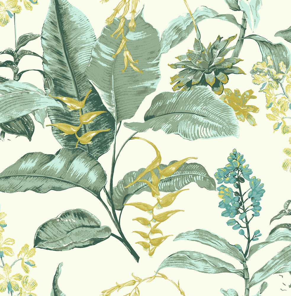 Maui Green Green Botanical Wallpaper by Kenneth James Palm Springs Covers about 56.4 square feet 20.5-in by 33-ft long roll Unpasted 21 - Fabric Carolina -