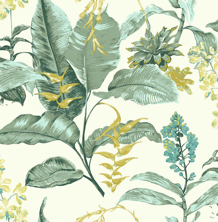 Maui Green Green Botanical Wallpaper by Kenneth James Palm Springs Covers about 56.4 square feet 20.5-in by 33-ft long roll Unpasted 21 - Fabric Carolina -