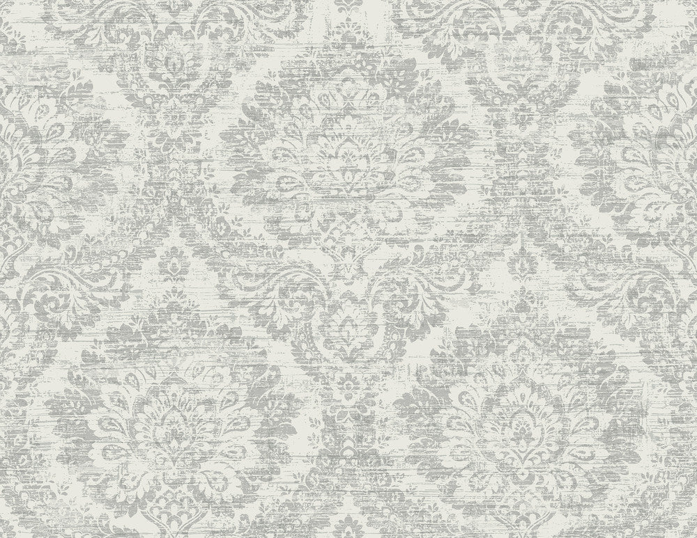 Kauai Grey Damask Wallpaper by Kenneth James Palm Springs Covers about 60.8 square feet 27-in by 27-ft long roll Unpasted 21 - Fabric Carolina -