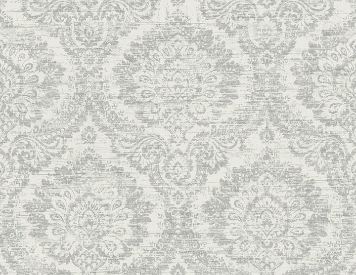 Kauai Grey Damask Wallpaper by Kenneth James Palm Springs Covers about 60.8 square feet 27-in by 27-ft long roll Unpasted 21 - Fabric Carolina -