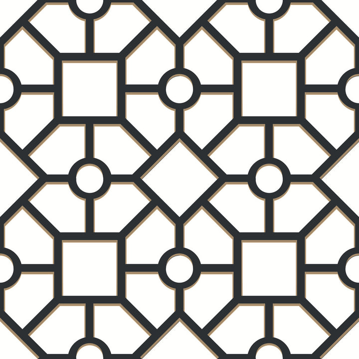 Hedgerow Trellis Black & Gold Peel & Stick Wallpaper by York Wallcoverings York Premium Peel + Stick Covers about 34.2 square feet 20.5-in by 20-ft long roll Peel & Stick 10.25 - Fabric Carolina -