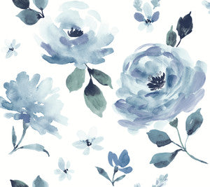 Watercolor Blooms Blue Peel & Stick Wallpaper by York Wallcoverings