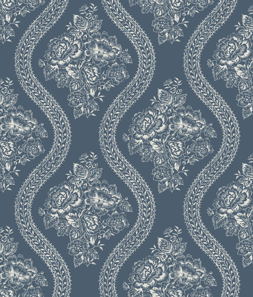 Magnolia Home Coverlet Floral Navy Peel & Stick Wallpaper by Magnolia Home York Premium Peel + Stick Covers about 34.2 square feet 20.5-in by 20-ft long roll Peel & Stick 12 - Fabric Carolina -